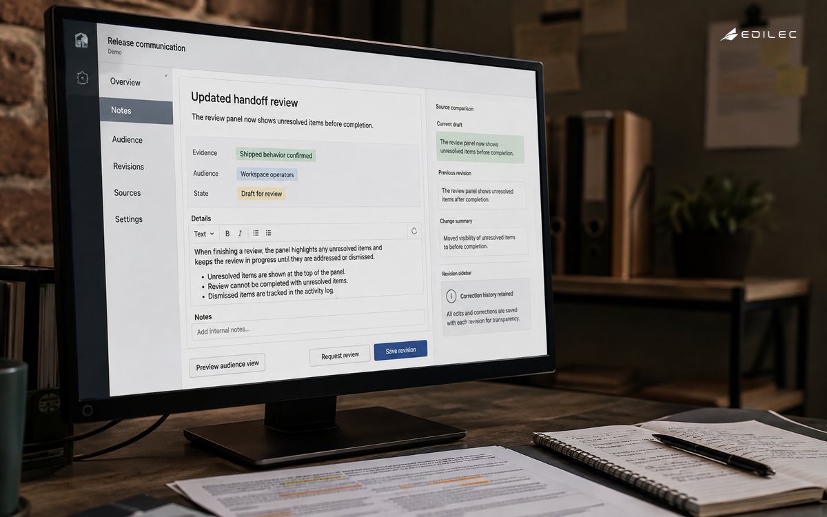 A release-note draft is linked to shipped behavior and audience review.