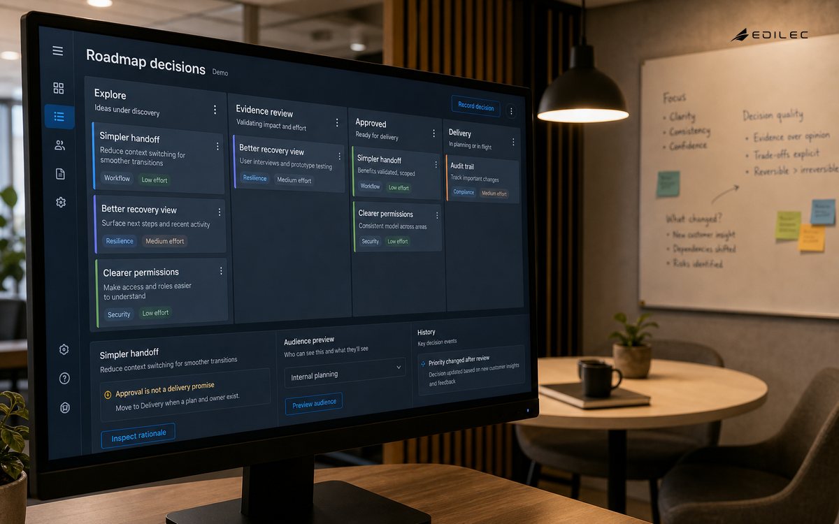 A roadmap separates exploration, approval and delivery with audience controls.