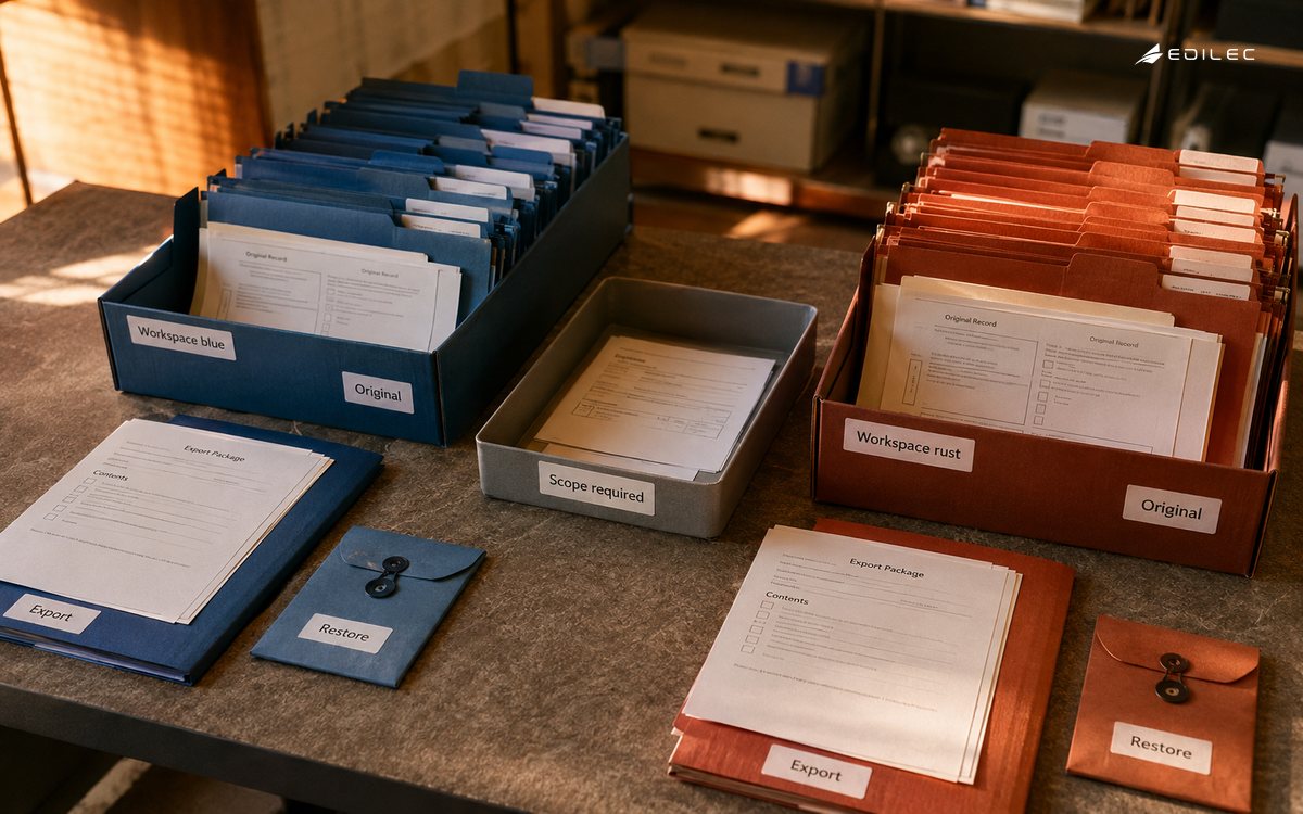 Separate blue- and rust-tabbed document trays retain matching export and restore packets, with an unassigned packet held for review.