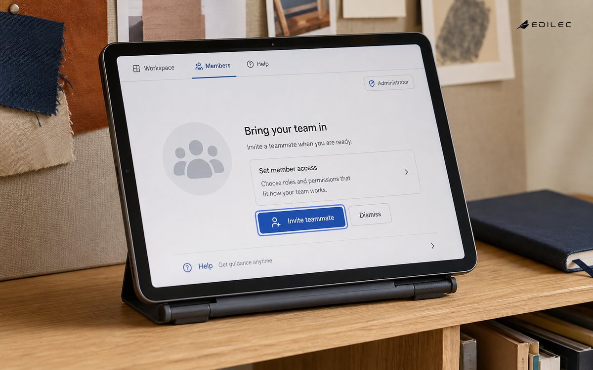 A mounted tablet shows a members empty state with an invitation action and dismissible inline guidance.