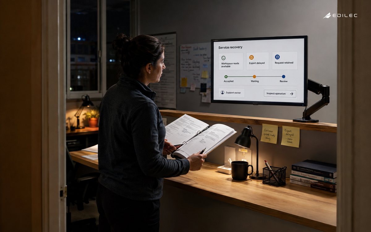A support lead consults a runbook beside a service screen showing a delayed export with its request retained.