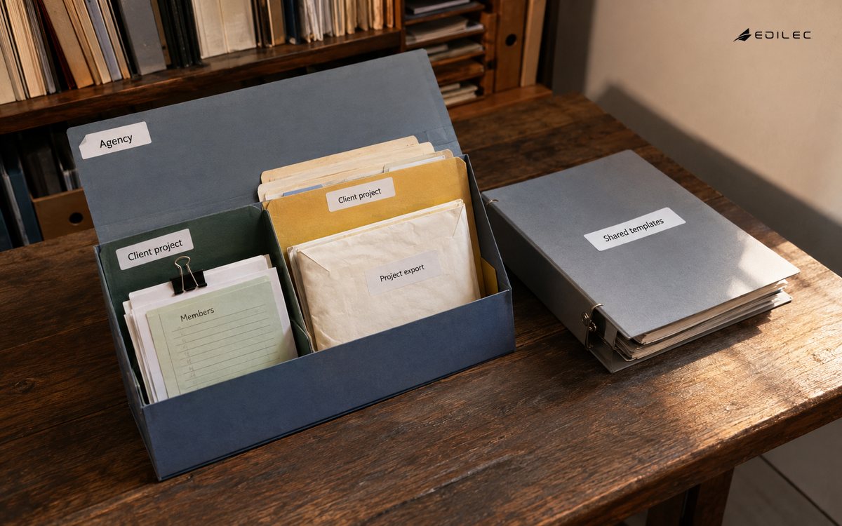An agency folder separates project records and exports from shared templates.