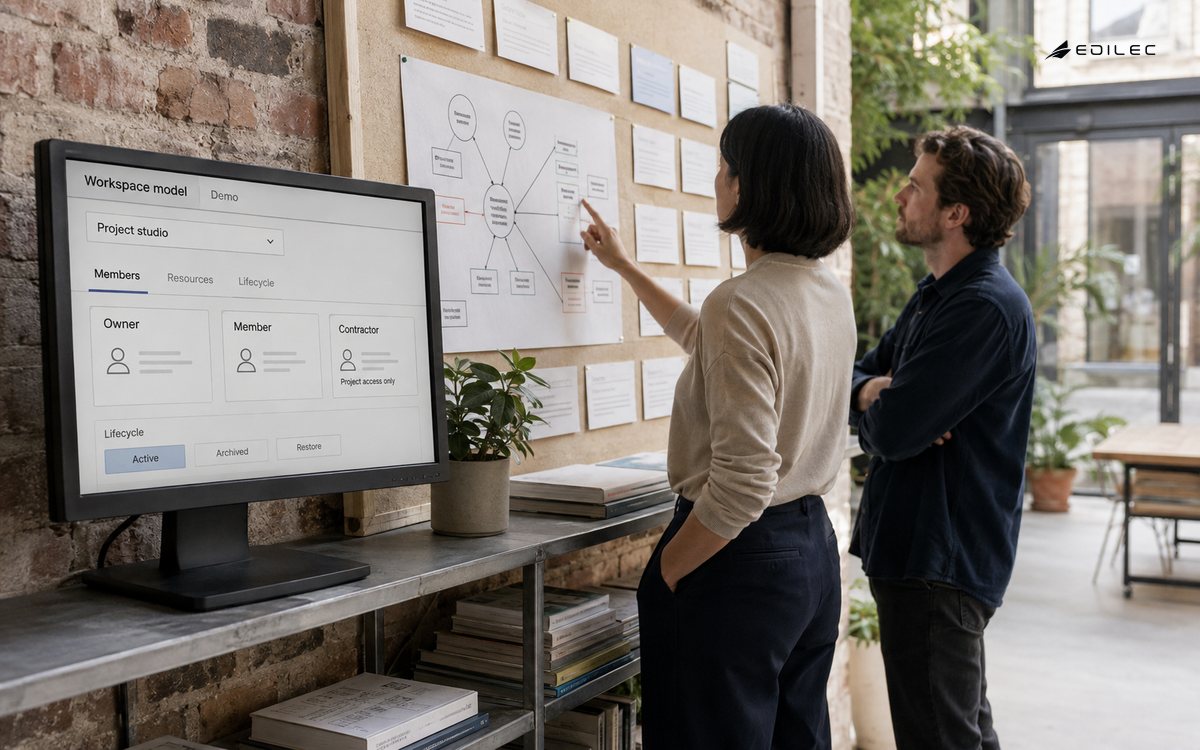 Designers compare workspace permission cards beside a membership and lifecycle screen.