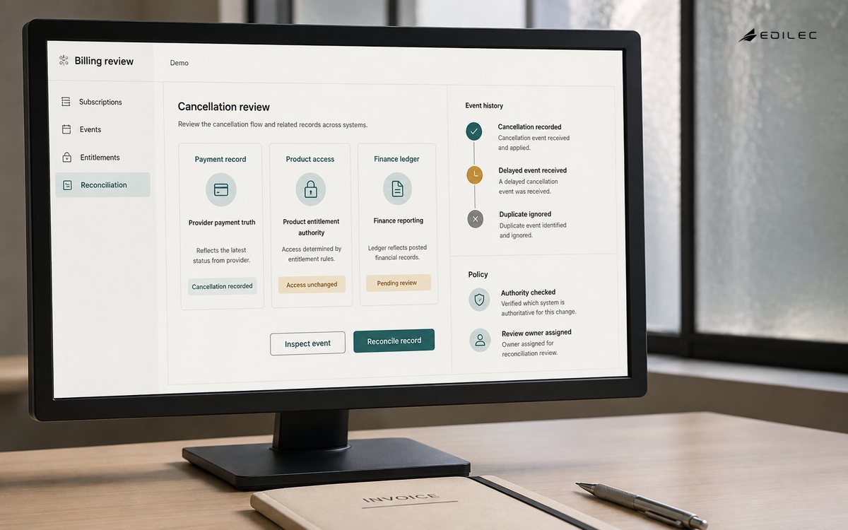 A billing review screen separates payment, access and ledger facts while holding a delayed duplicate event.