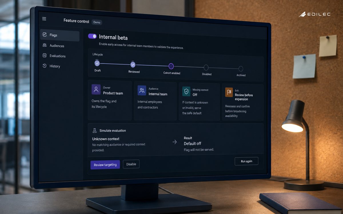 A feature-control screen shows an internal beta and an off default for unknown audience context.