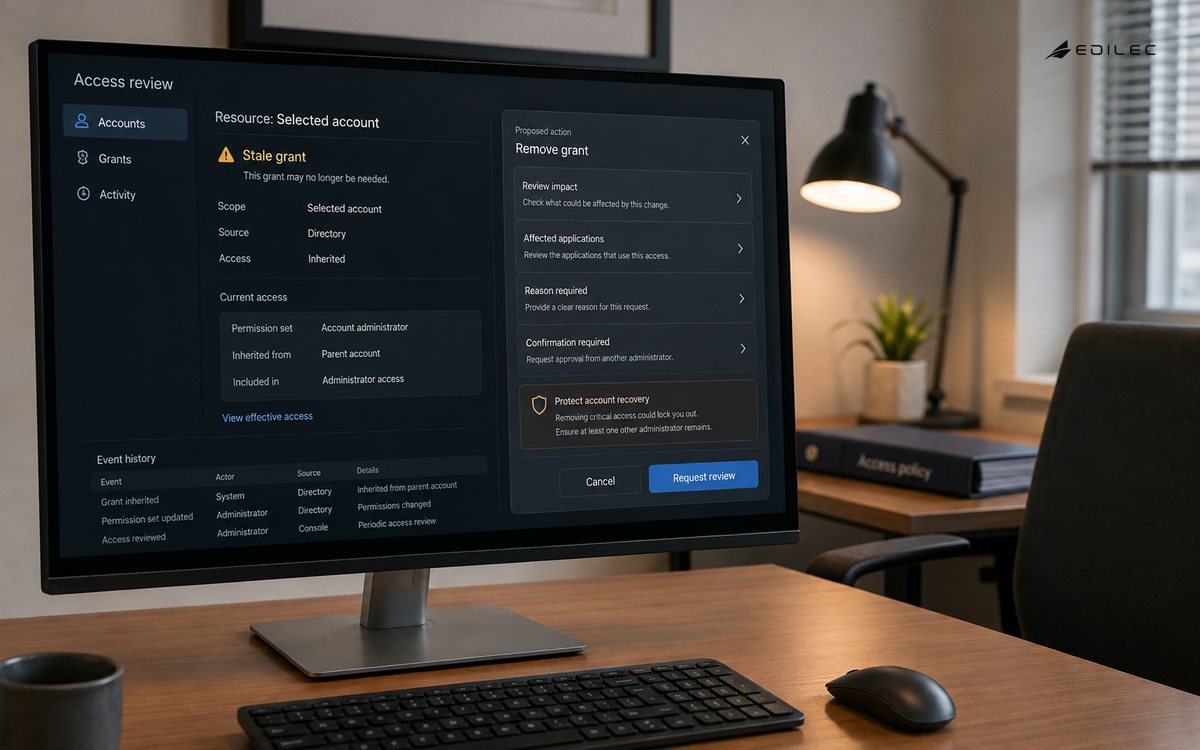 An access-review interface shows a proposed grant removal, impact review and required confirmation on a supported monitor.