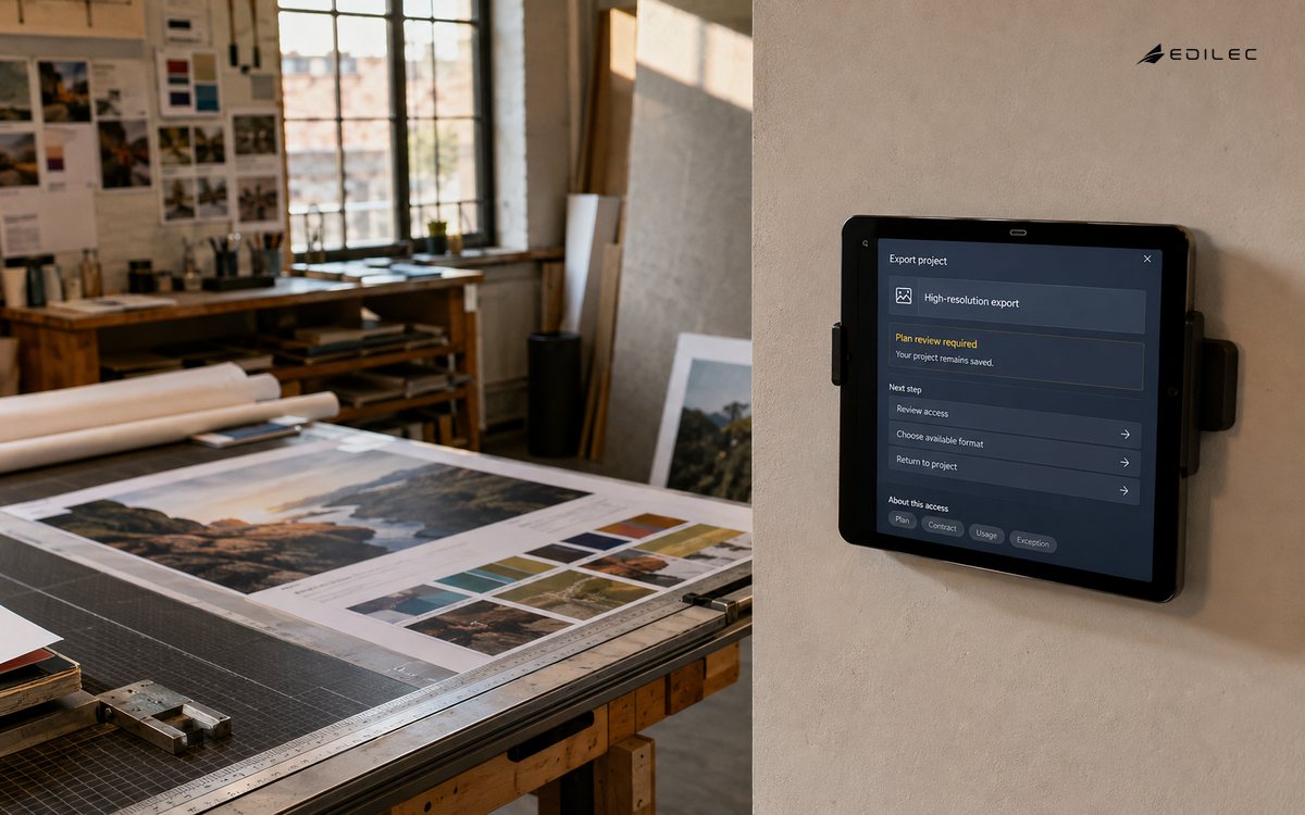 A saved design project offers a clear access-review path before high-resolution export.