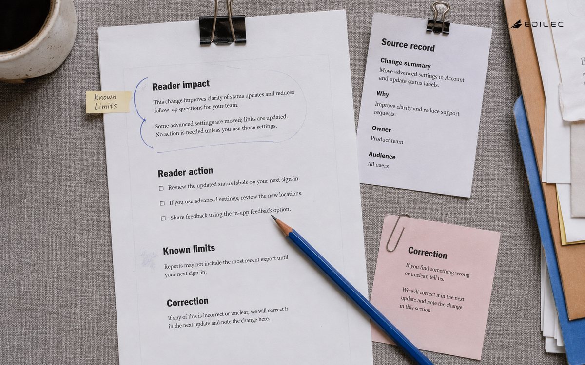 A release-note proof, source record, and correction slip are clipped together on a proofing table.