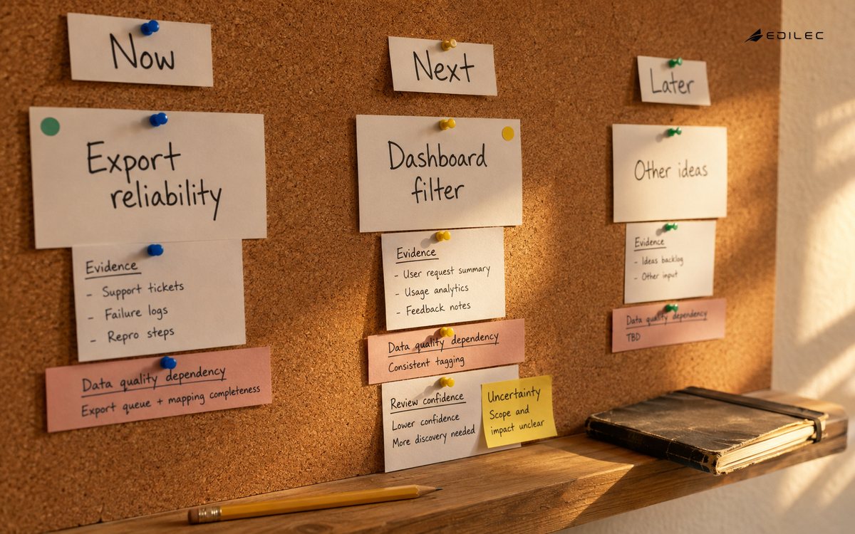 Two roadmap proposals are clipped to evidence and dependency notes on a cork planning board.