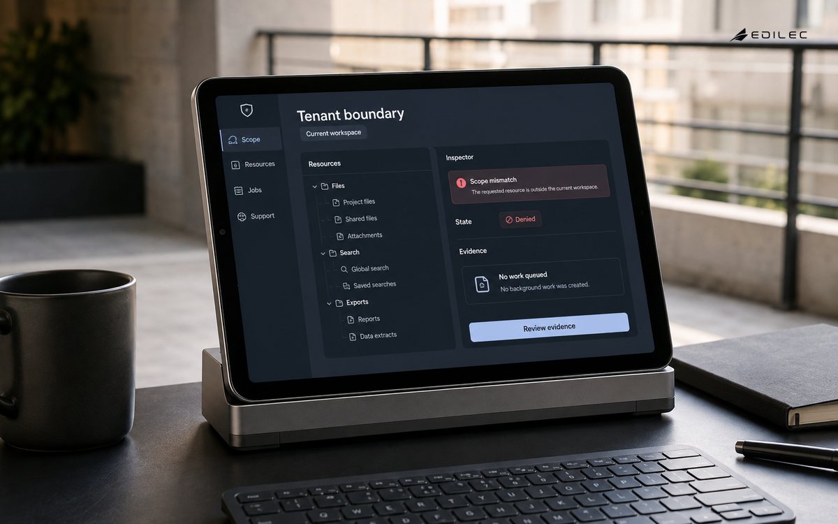 A docked tablet shows a tenant-boundary inspector with a scope mismatch and no work queued.