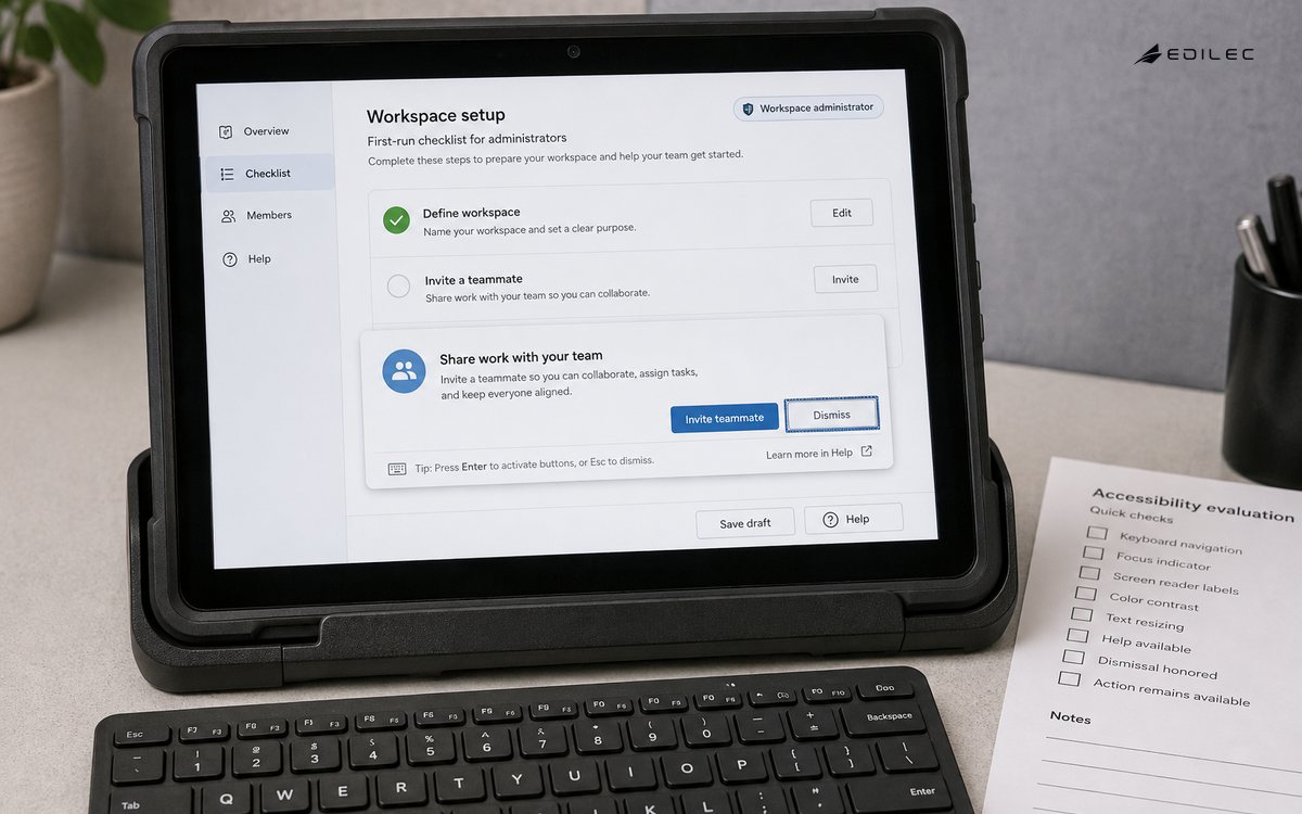 A docked tablet shows a workspace checklist with a dismissible invitation hint and visible draft and help controls.