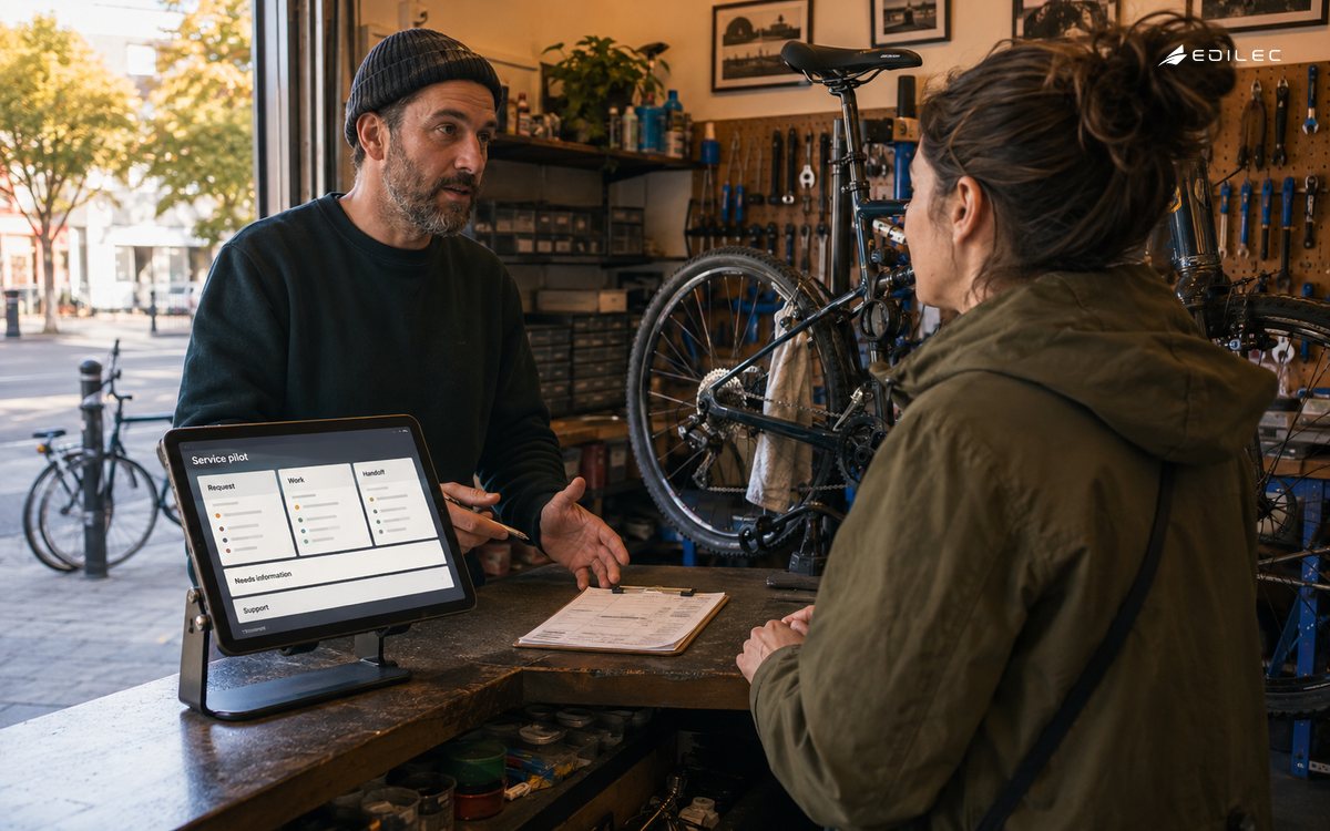 A bicycle-shop owner and customer review a service intake beside a small pilot-workflow screen.