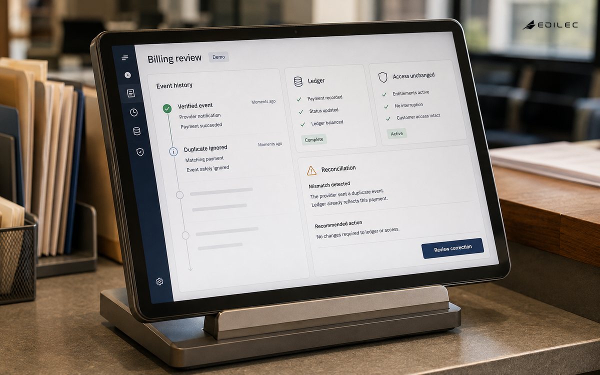 A docked tablet displays fictional billing-event history, ledger state and a reconciliation review.
