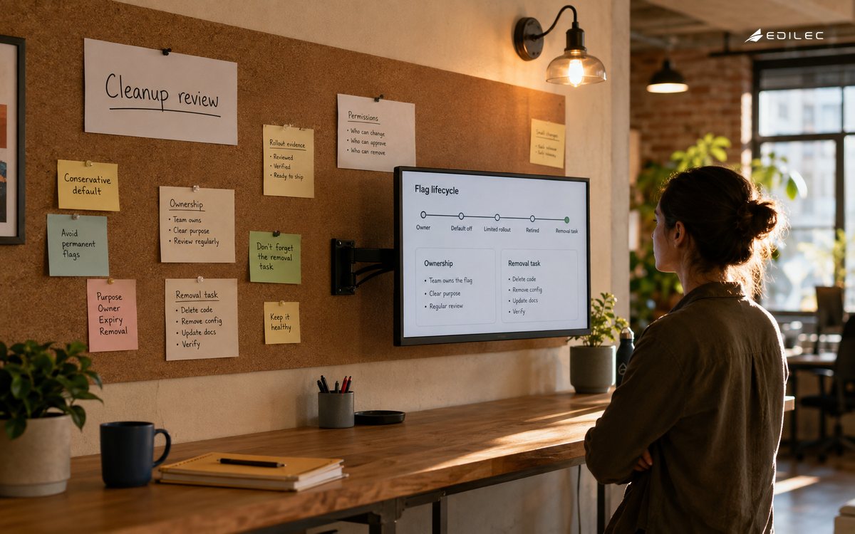 A product colleague reviews a cleanup board beside a feature-flag lifecycle display.