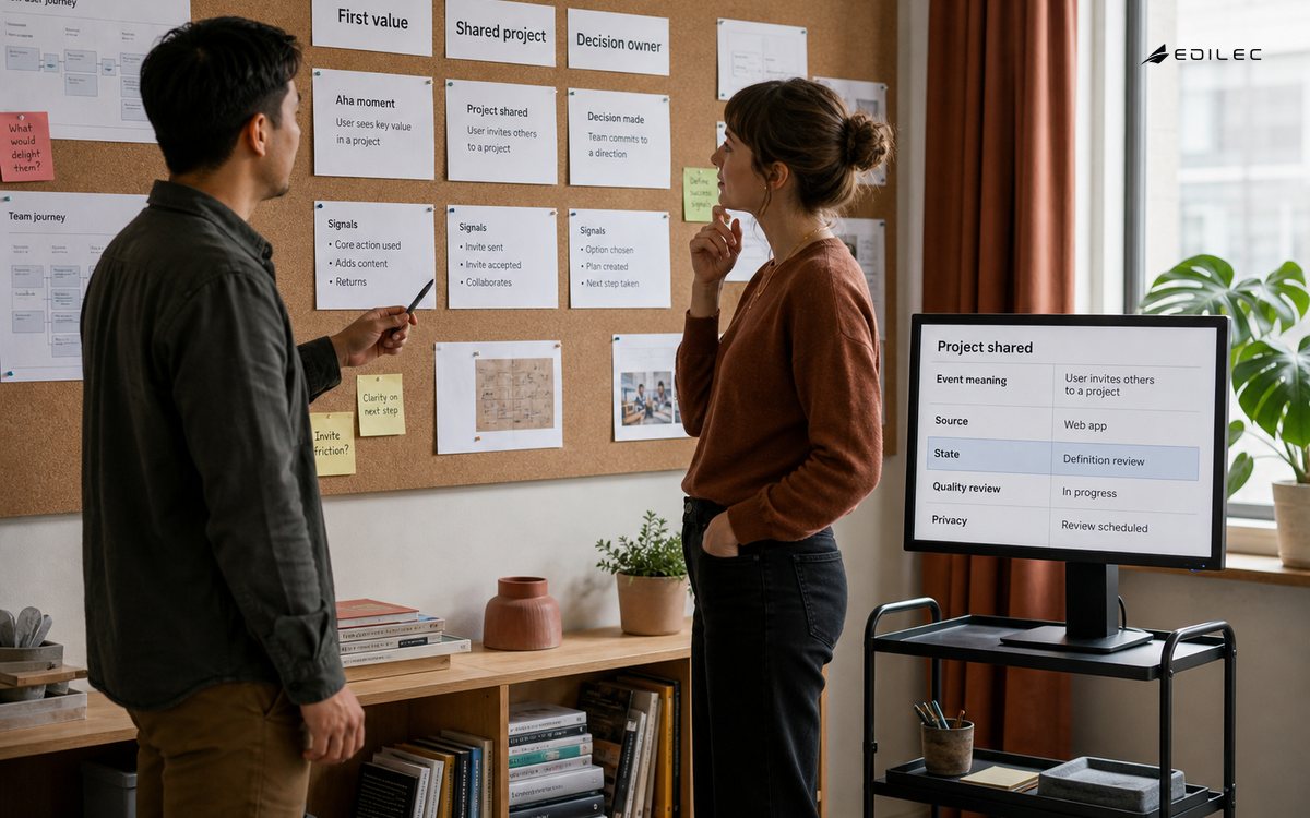 Two product colleagues review a first-value definition beside an event-catalog display.