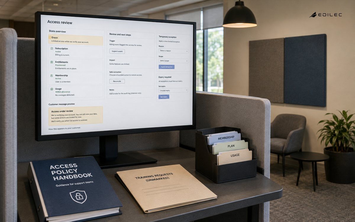 Support learning nook with a screen separating subscription, entitlements, membership and usage for access review.