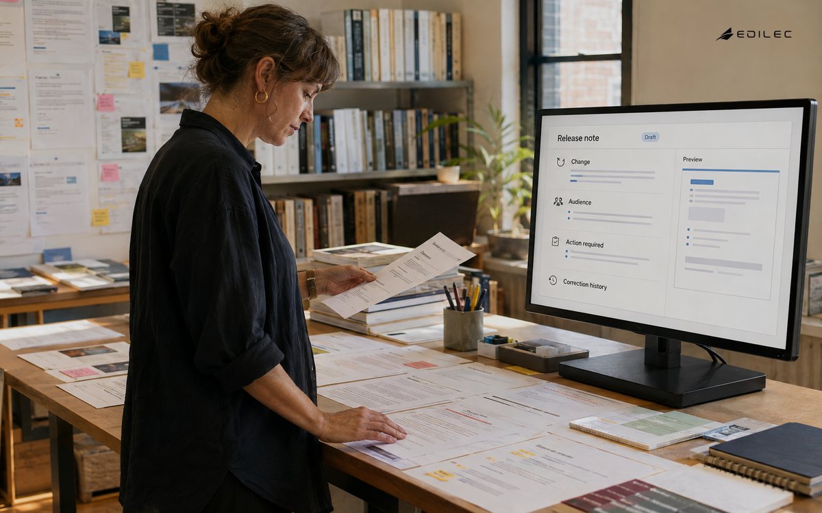 Product editor comparing a printed impact note with a release-note editor in a proofing studio.