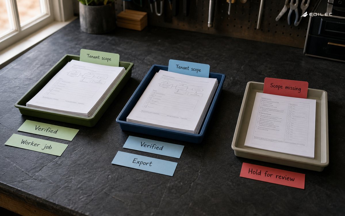 Separate scoped job trays flank an unmatched packet held for review.