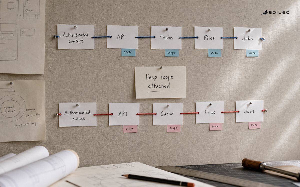 Separate paper architecture paths carry authenticated context through API, cache, file and job stages.