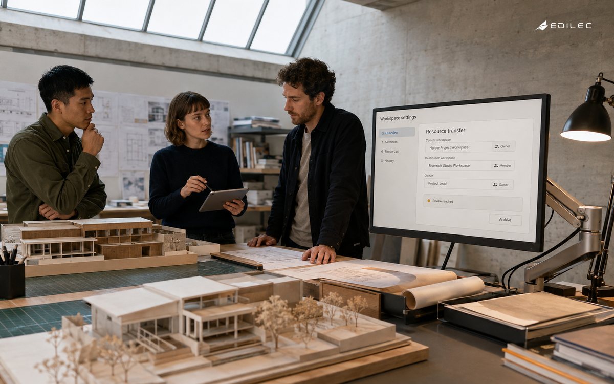 An architecture team reviews workspace ownership beside models and a mounted project-transfer screen.