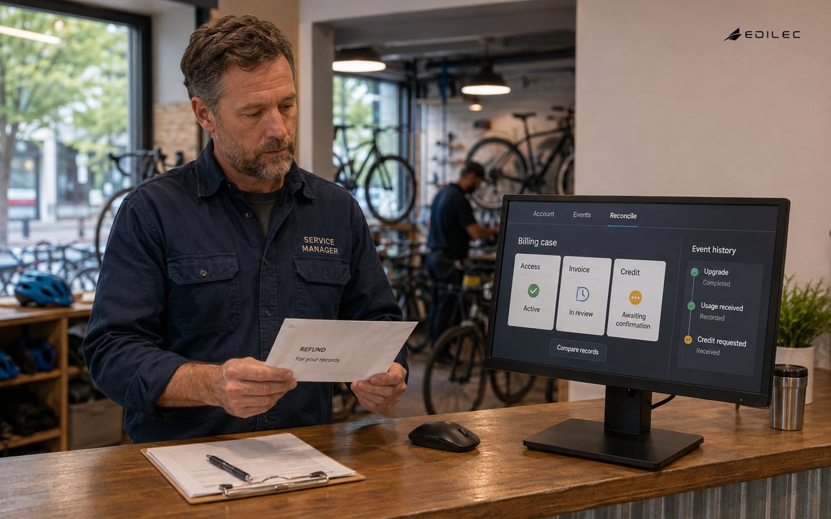 A rental service manager compares a billing event history with a credit-review envelope at the counter.