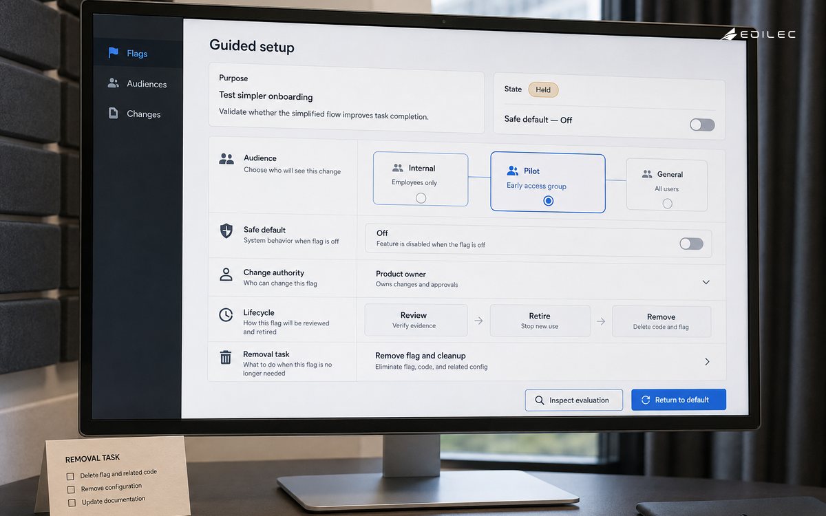 A monitor shows a feature flag's audience, safe default and review-to-removal lifecycle.