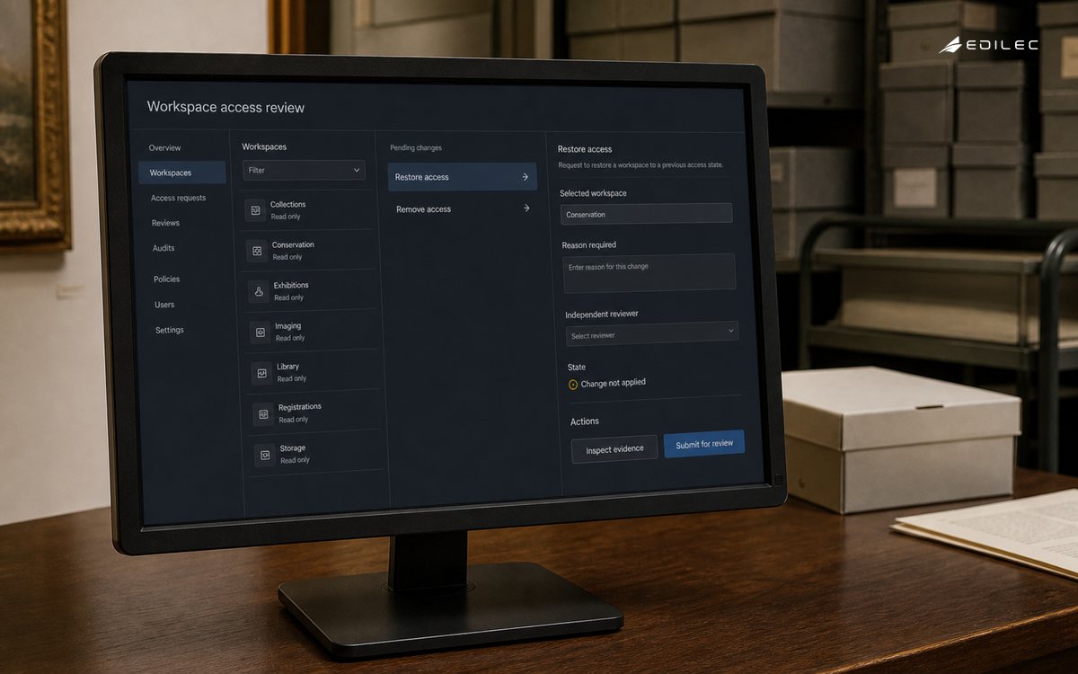 A museum support console shows an access change awaiting a reason and independent review.