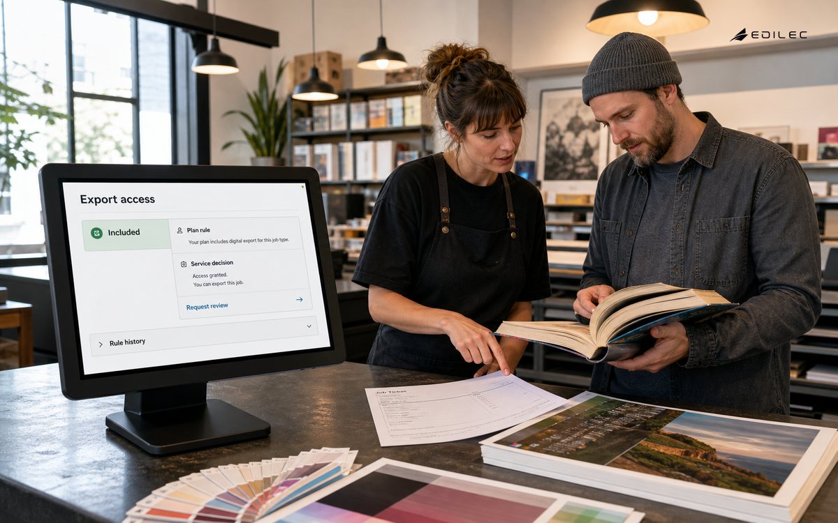 Print-studio staff compare an order ticket beside a display explaining access to an export feature.