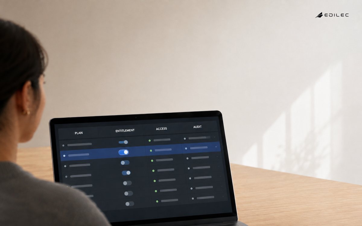 A subscription application reviews Plan, Entitlement, Access and Audit records in one control table.