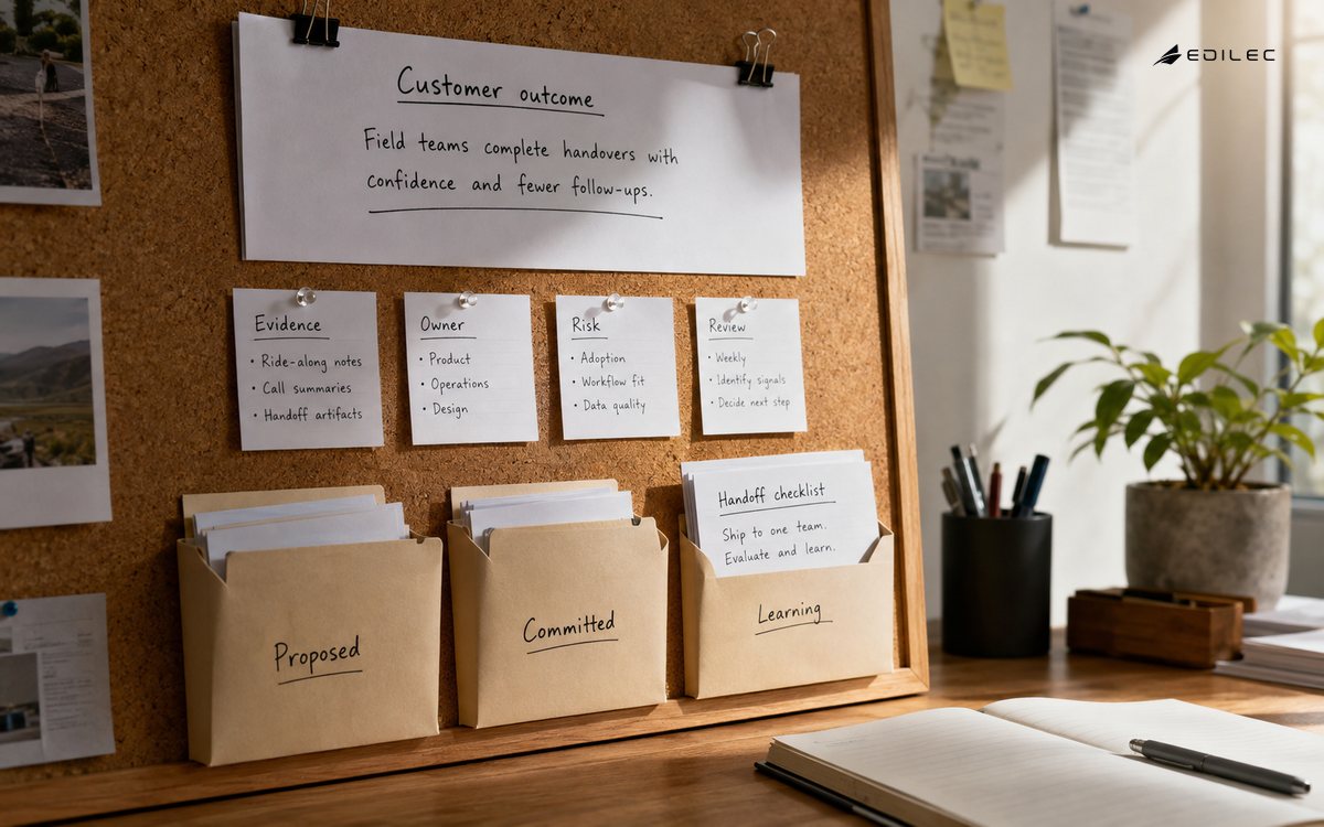 A roadmap initiative and evidence cards sit beside proposed, committed and learning folders.