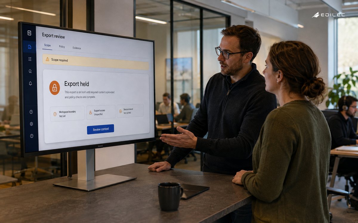 Support staff review a held export and its workspace scope at a shared-office console.