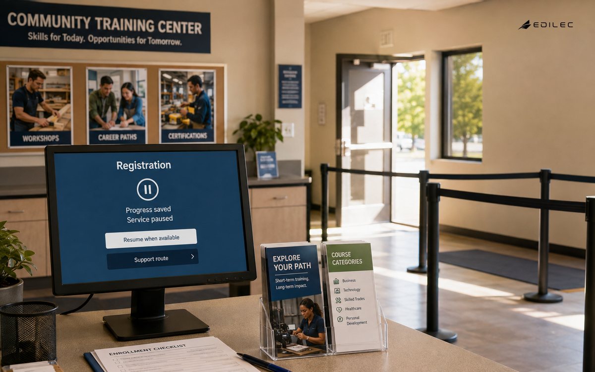 Wide view of a community training center registration counter, paper enrollment leaflets and empty queue lane.