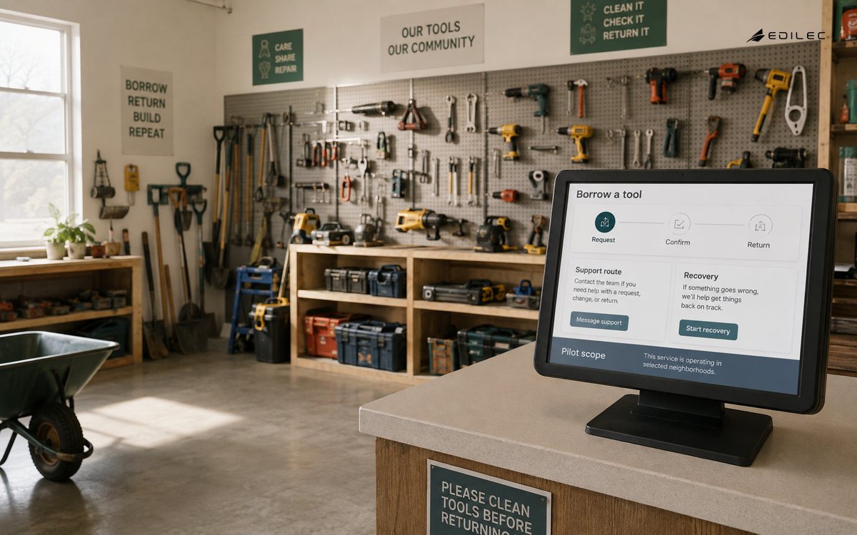 A tool-lending counter displays a small pilot workflow with support and recovery.