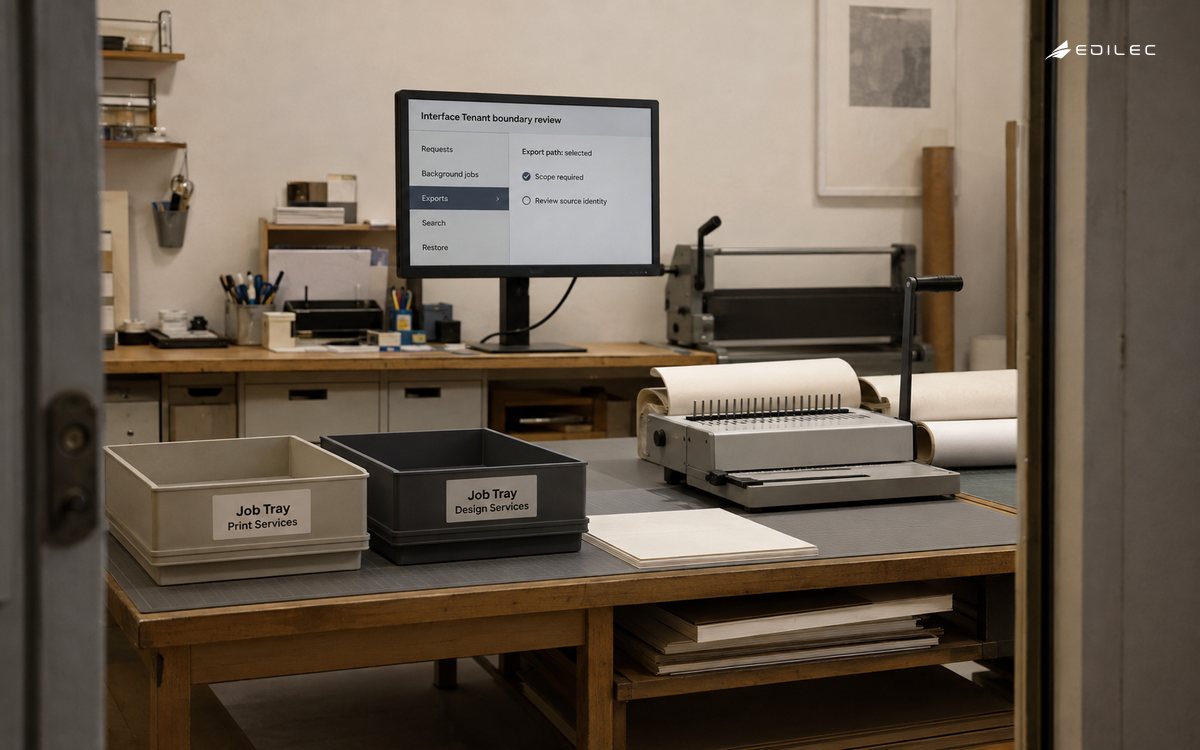 A shared print workroom pairs separate job trays with an export scope review.
