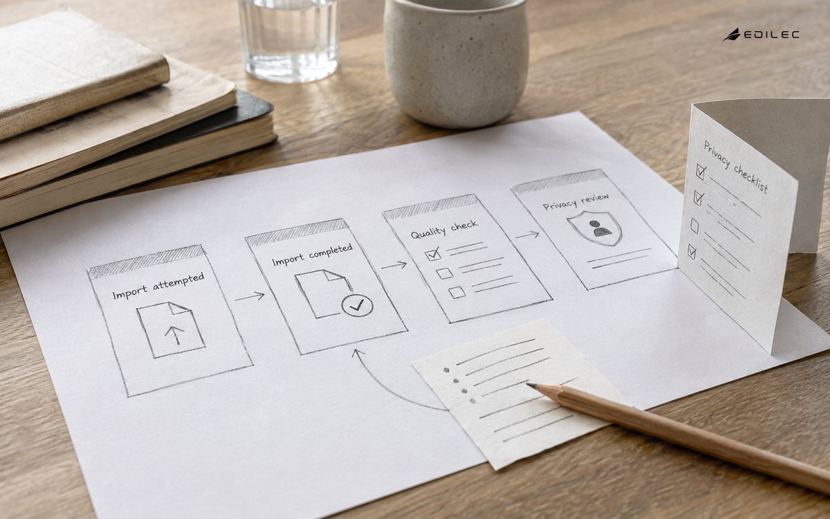 Paper event cards distinguish an attempted import from a completed outcome.