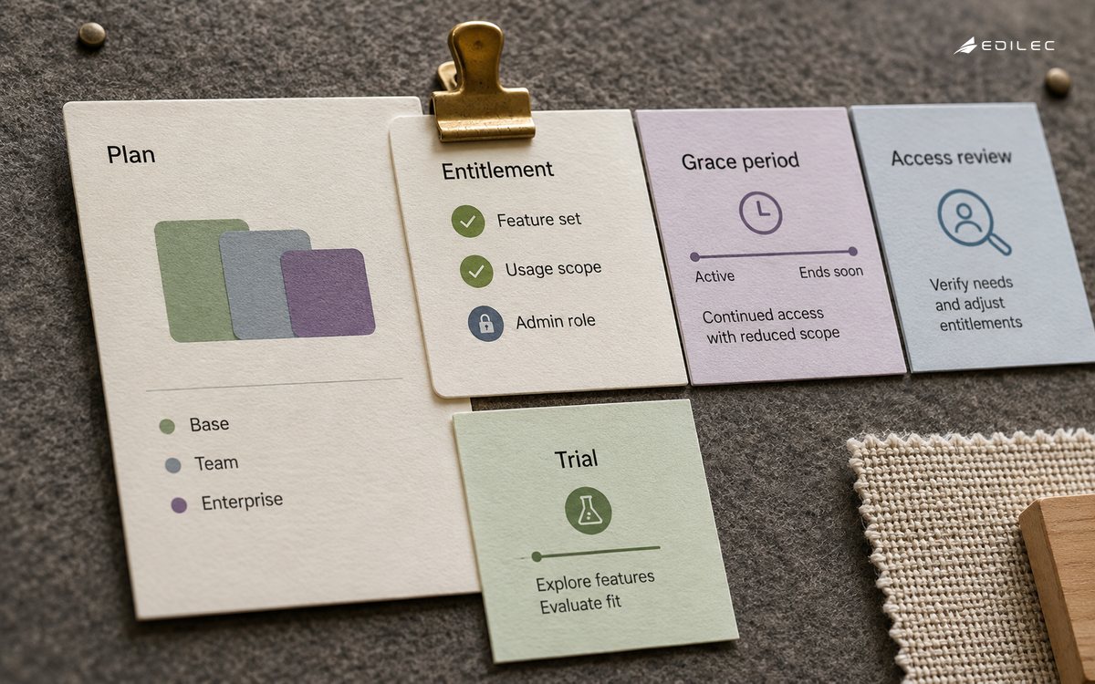 Macro angled photograph of thick paper plan and access cards on a felt product workshop board, a brass clip joining a plan card with entitlement and grace-period cards.