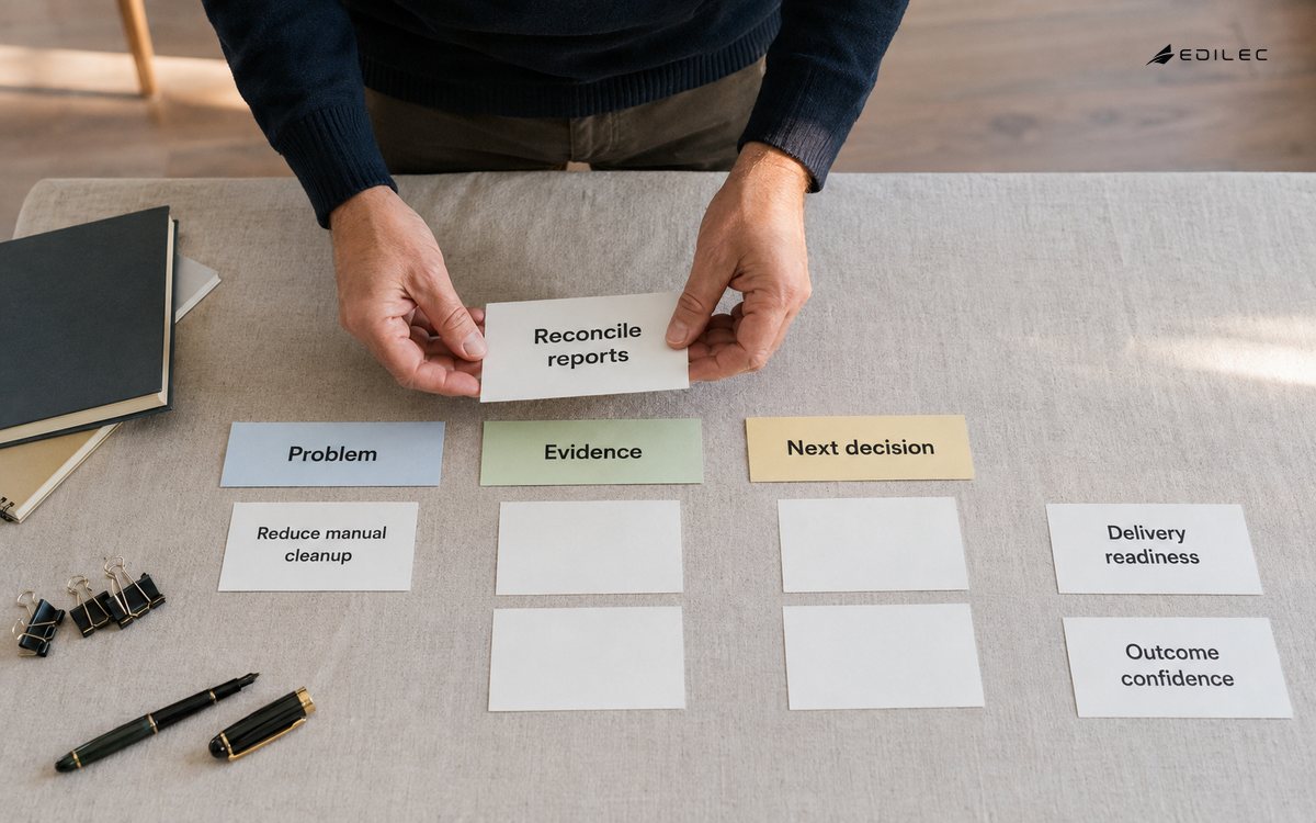 Hands sort roadmap cards linking report reconciliation, user evidence and the next product decision.