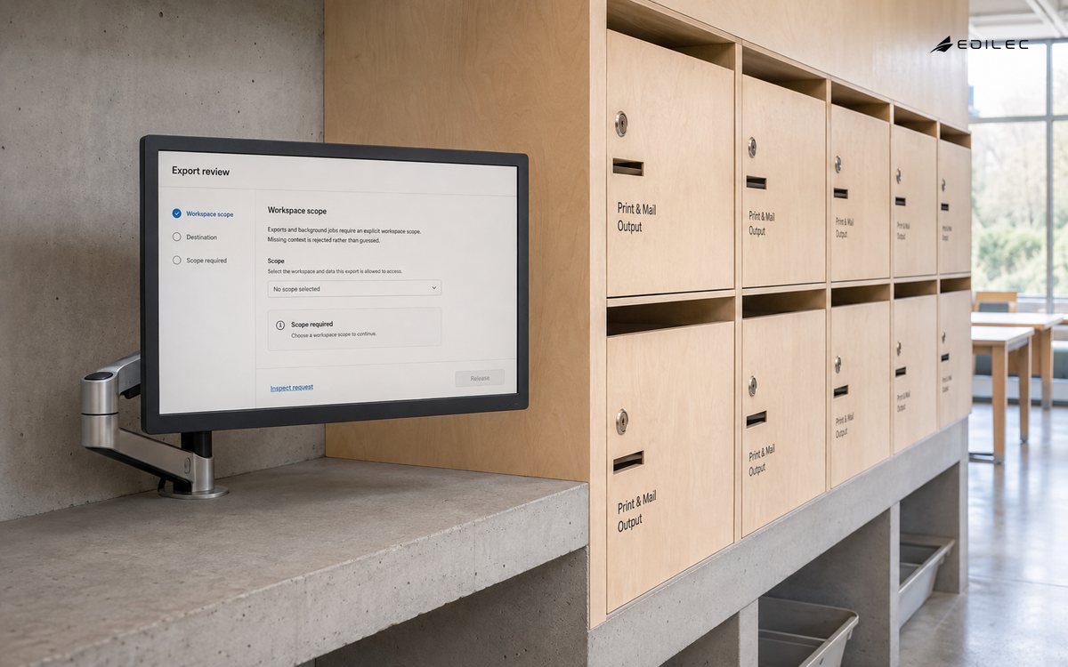 A shared print alcove shows an export held until workspace scope is supplied.