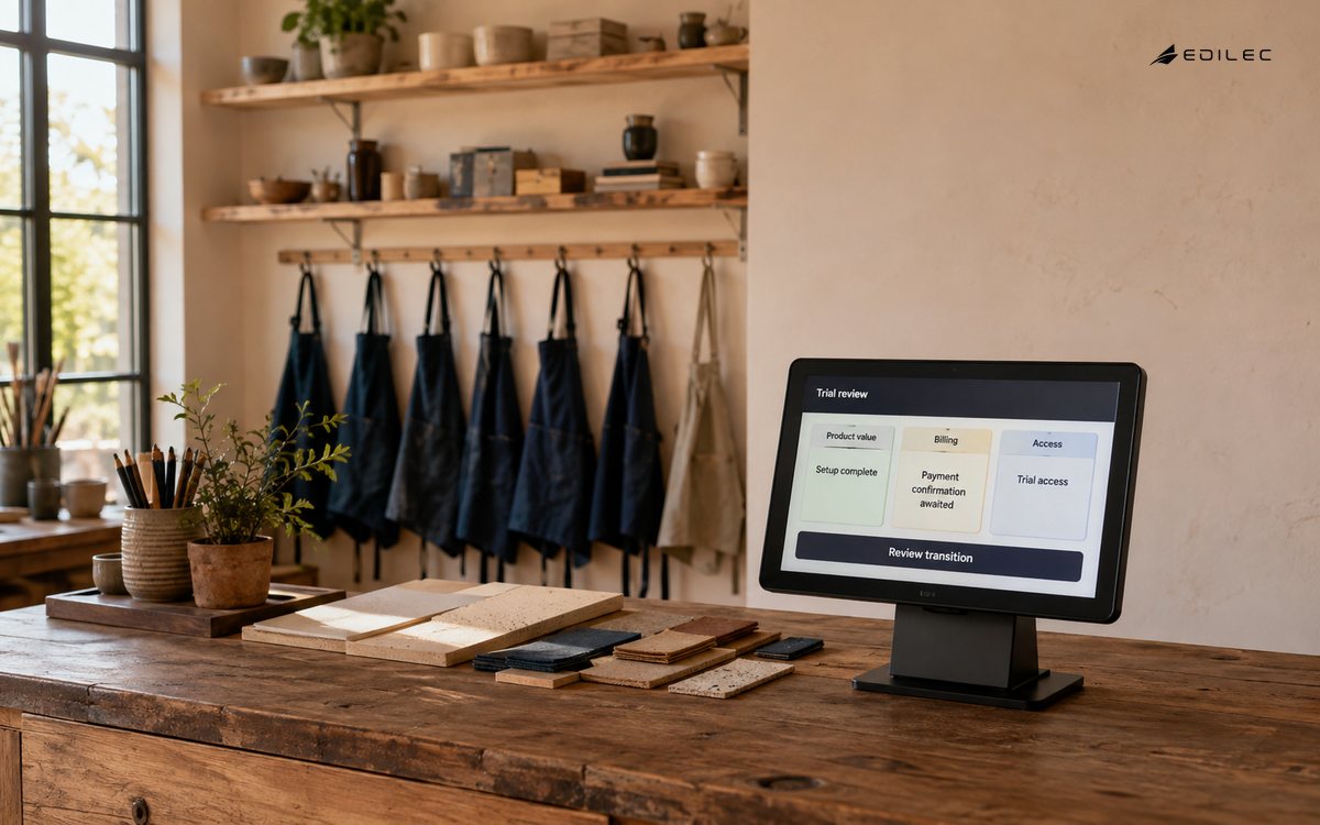 A craft-space reception display separates product value, billing and trial access.