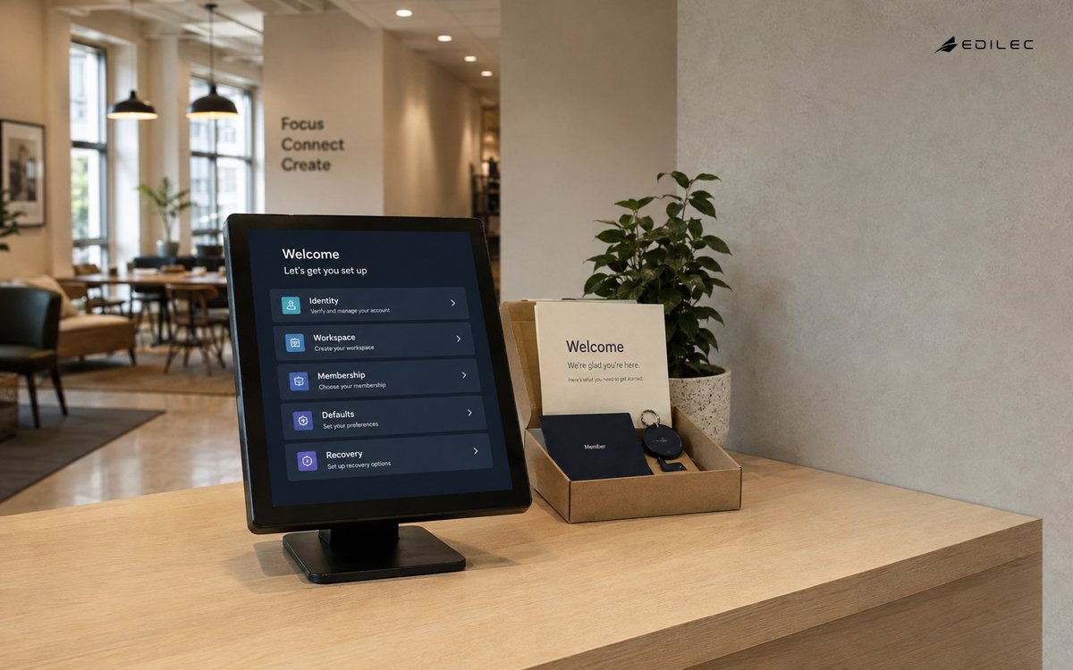 Wide documentary photo of an empty small coworking membership welcome desk, welcome kit and a modest opaque screen in housing on counter, soft early morning light.