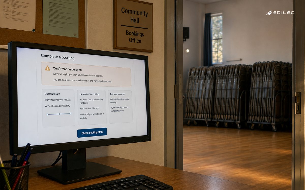 A community-hall booking console gives a next step when confirmation is delayed.