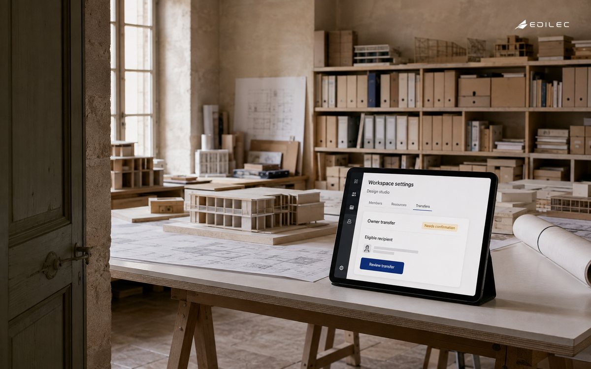 An architecture model room includes workspace settings with an ownership transfer awaiting confirmation.