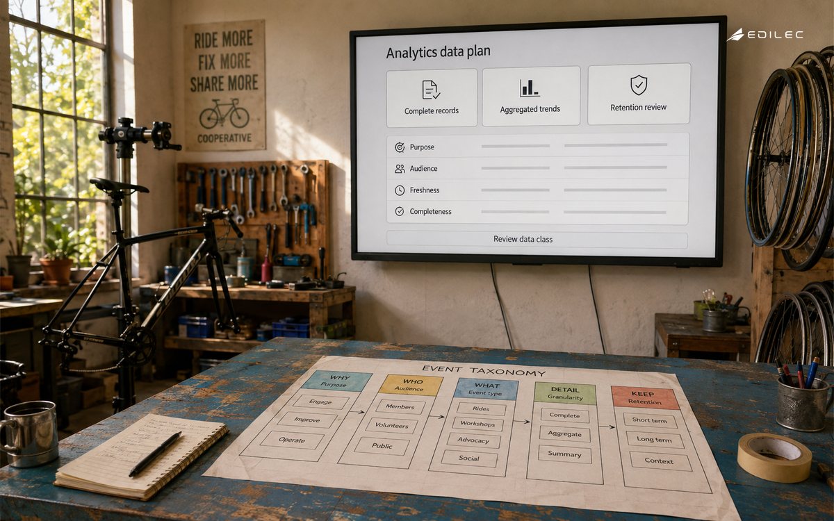 A bicycle workshop planning area shows analytics data classes organized by purpose and completeness.