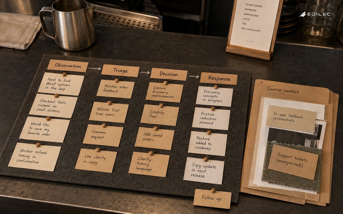 A cafe counter feedback board links observations to triage, decisions and responses while preserving source context.
