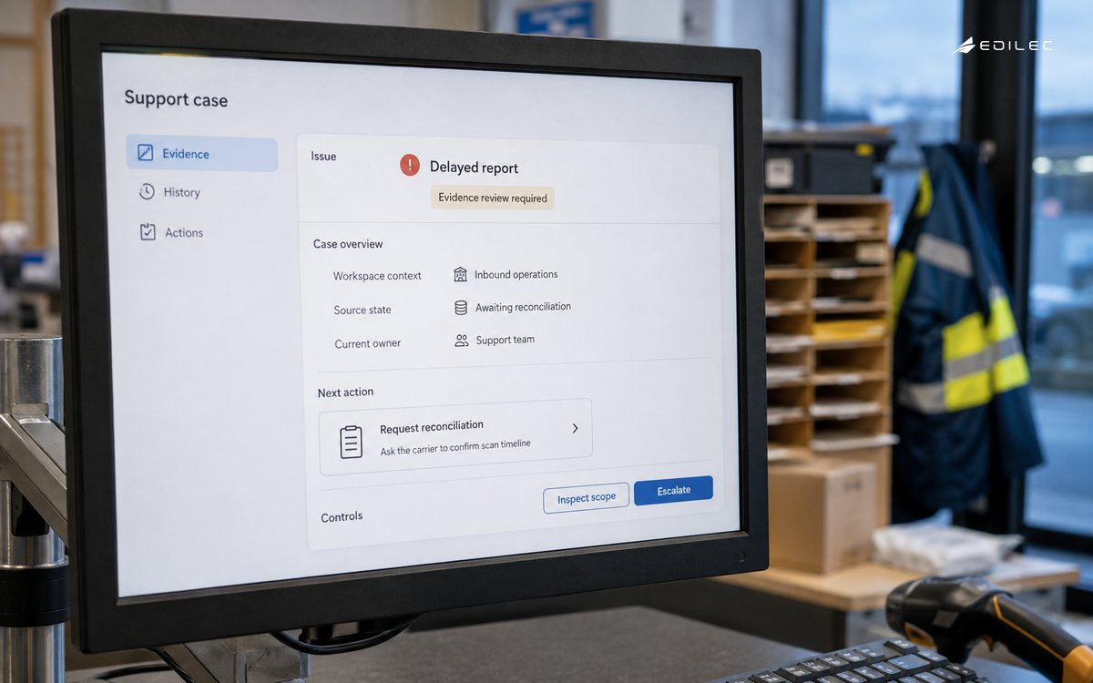A support screen presents delayed-report evidence and scoped reconciliation with a review requirement.