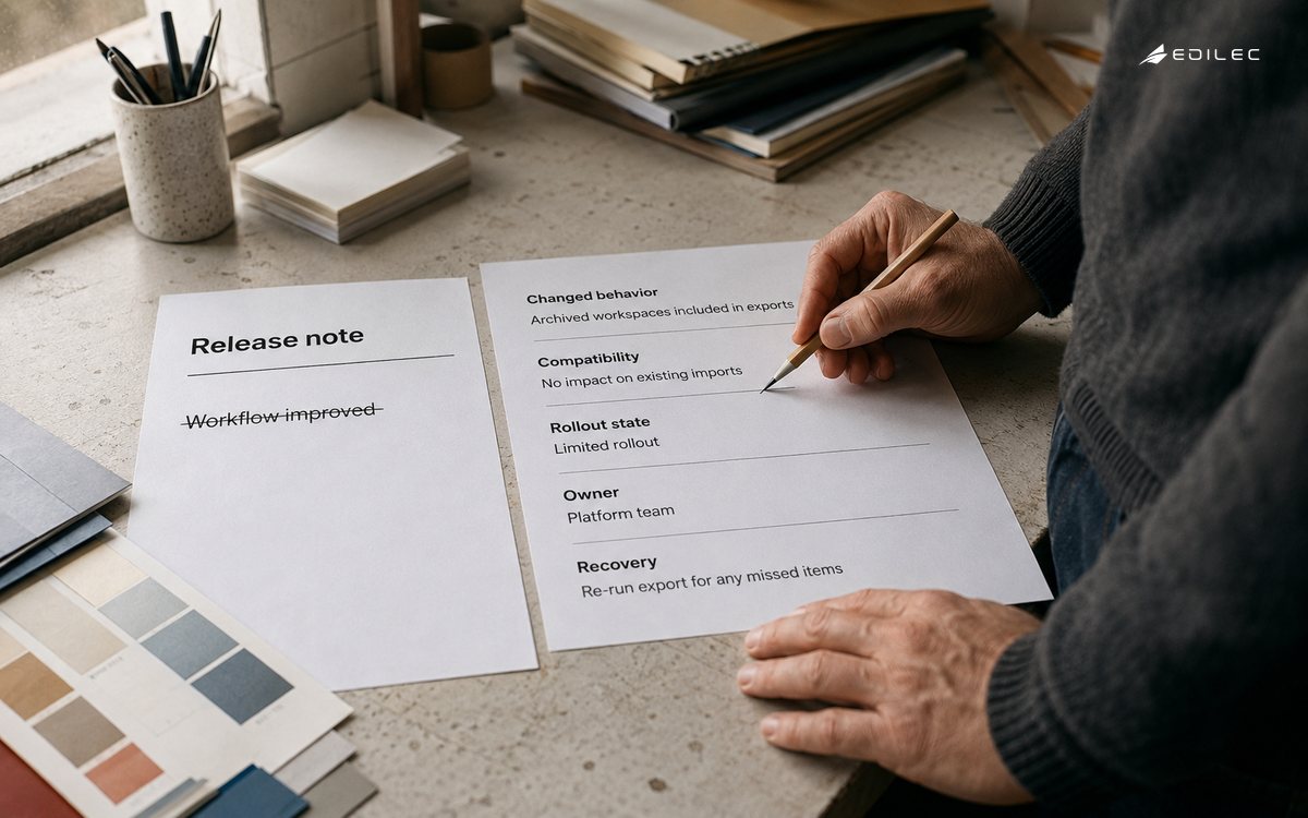 An editor marks a vague release note beside a corrected version with rollout and recovery context.