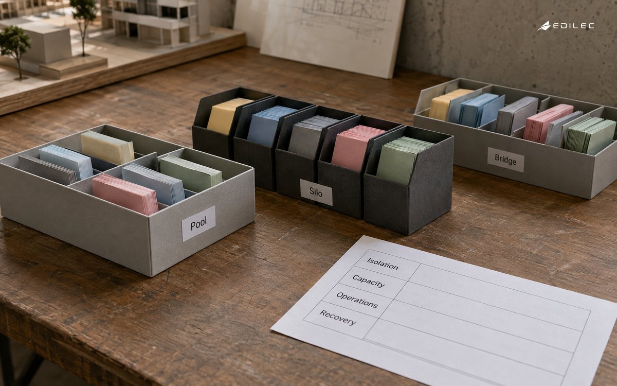Compartment trays model pooled, silo and bridge tenant boundaries beside an operating-cost review sheet.