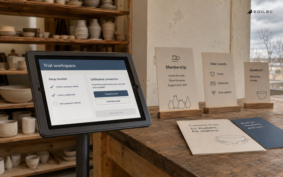 A ceramics cooperative kiosk showing an unfinished trial setup.