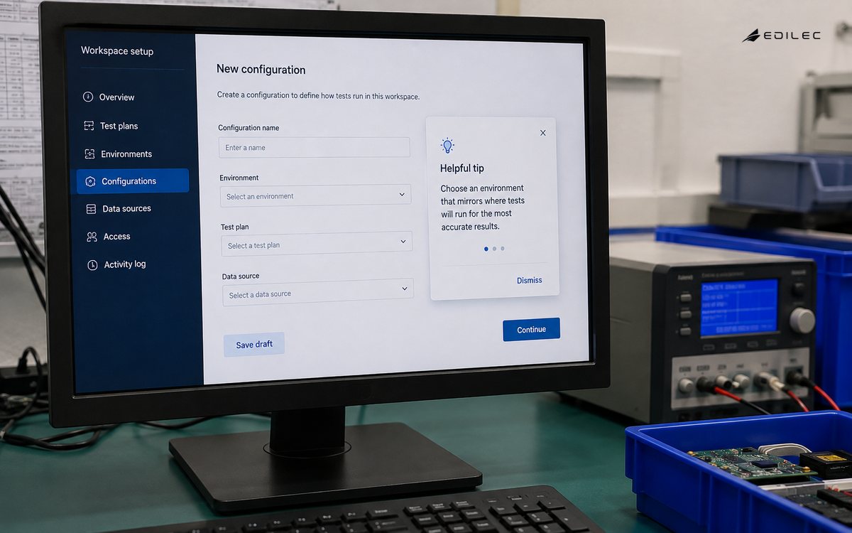 Photograph of a real opaque monitor with broad bezel and visible stand at a product testing station, screen half frame showing a fictional form with small contextual help card and clear dismissal control.