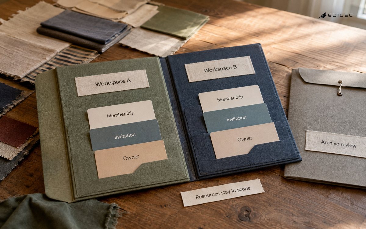 Separate membership folders and an archive sleeve model workspace boundaries and lifecycle.